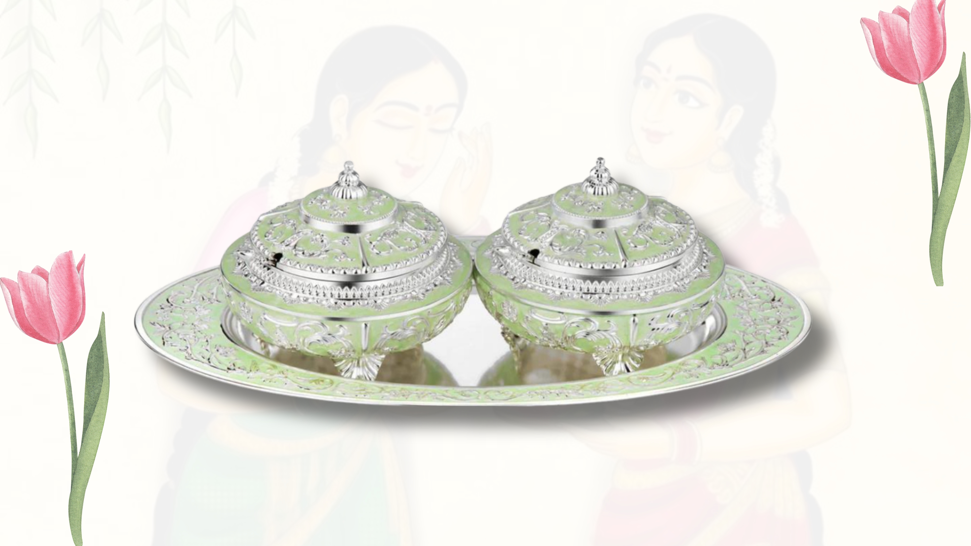 Green Tray With 2 Sugar Pots 