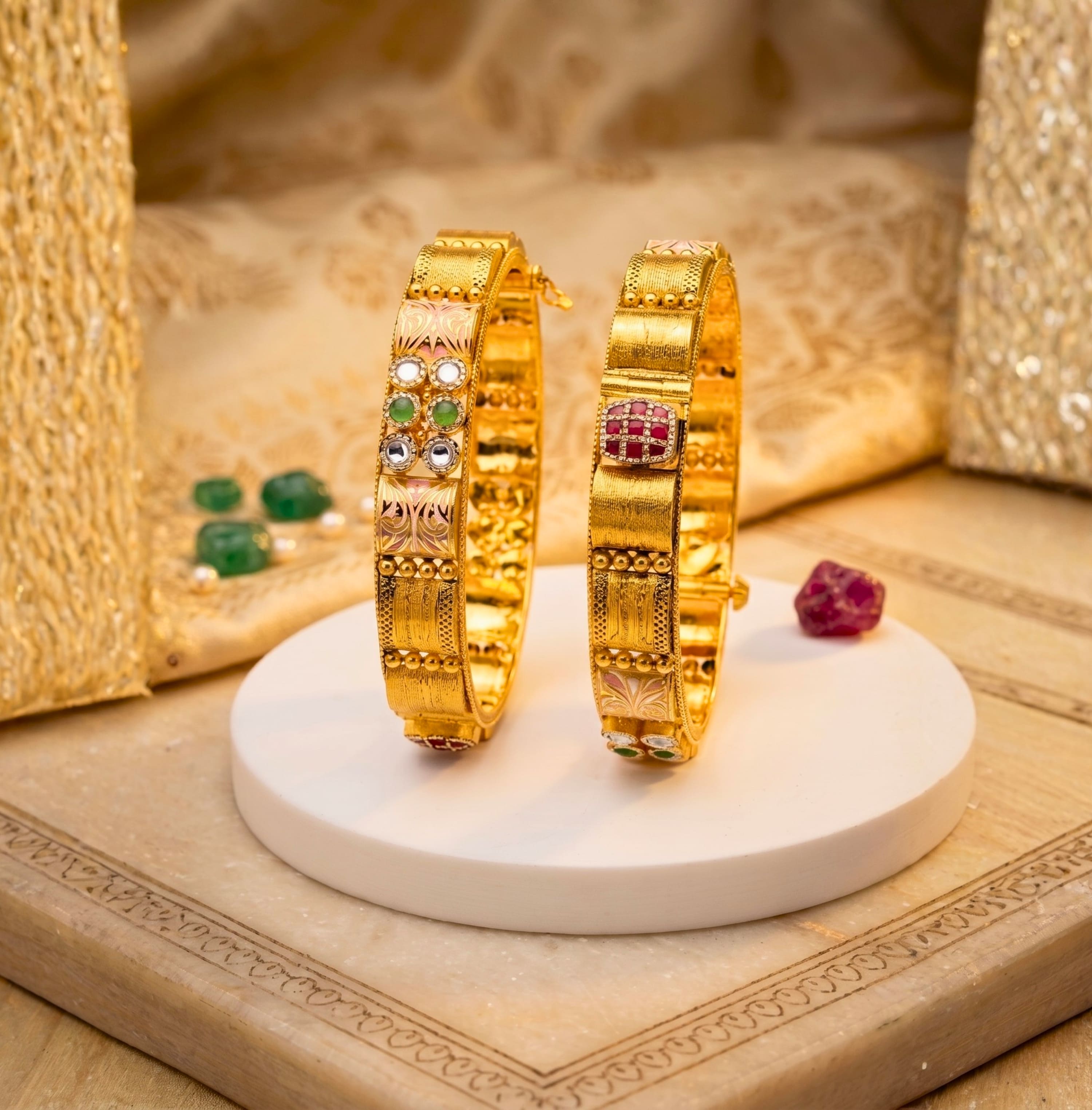 Elegant Gold Bangles with Gemstone
