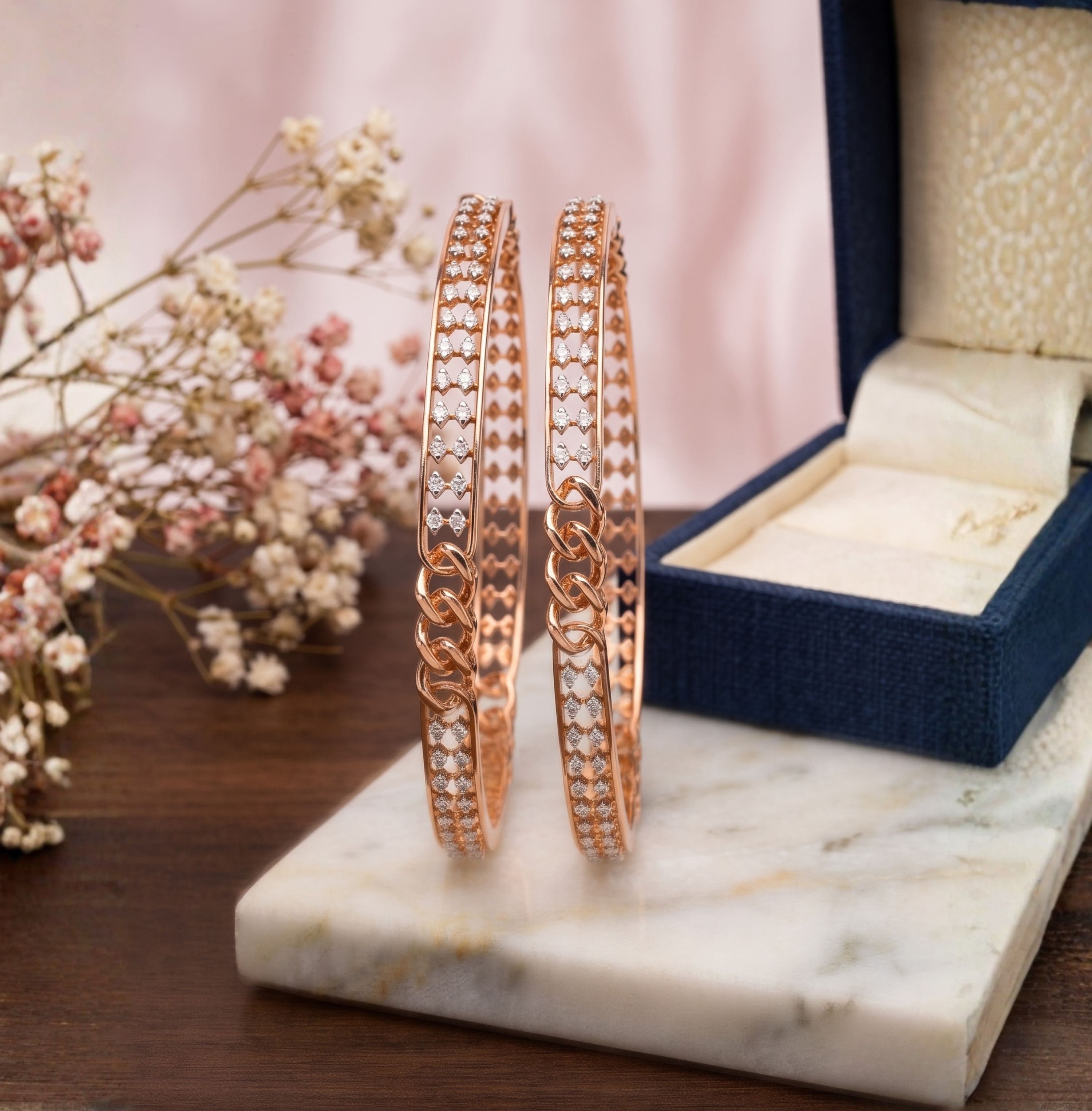 Rose Gold Cubano-Link Diamond Bangle